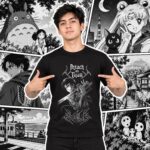Modelo con playera negra de Attack on Titan en manga japonés