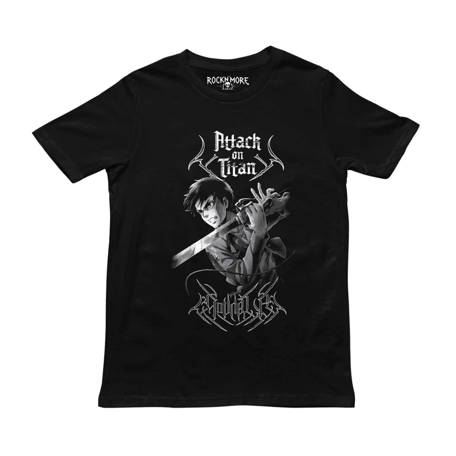 Playera negra con diseño de Attack on Titan: Eren con espada y tipografía gótica en blanco