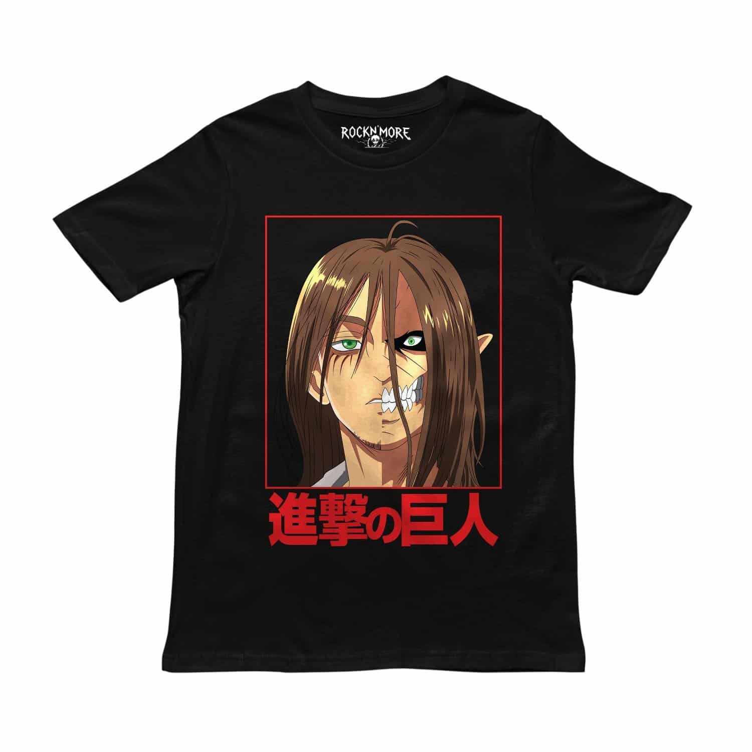 Playera negra con retrato de Eren de Attack on Titan, marco rojo y kanji en la parte inferior