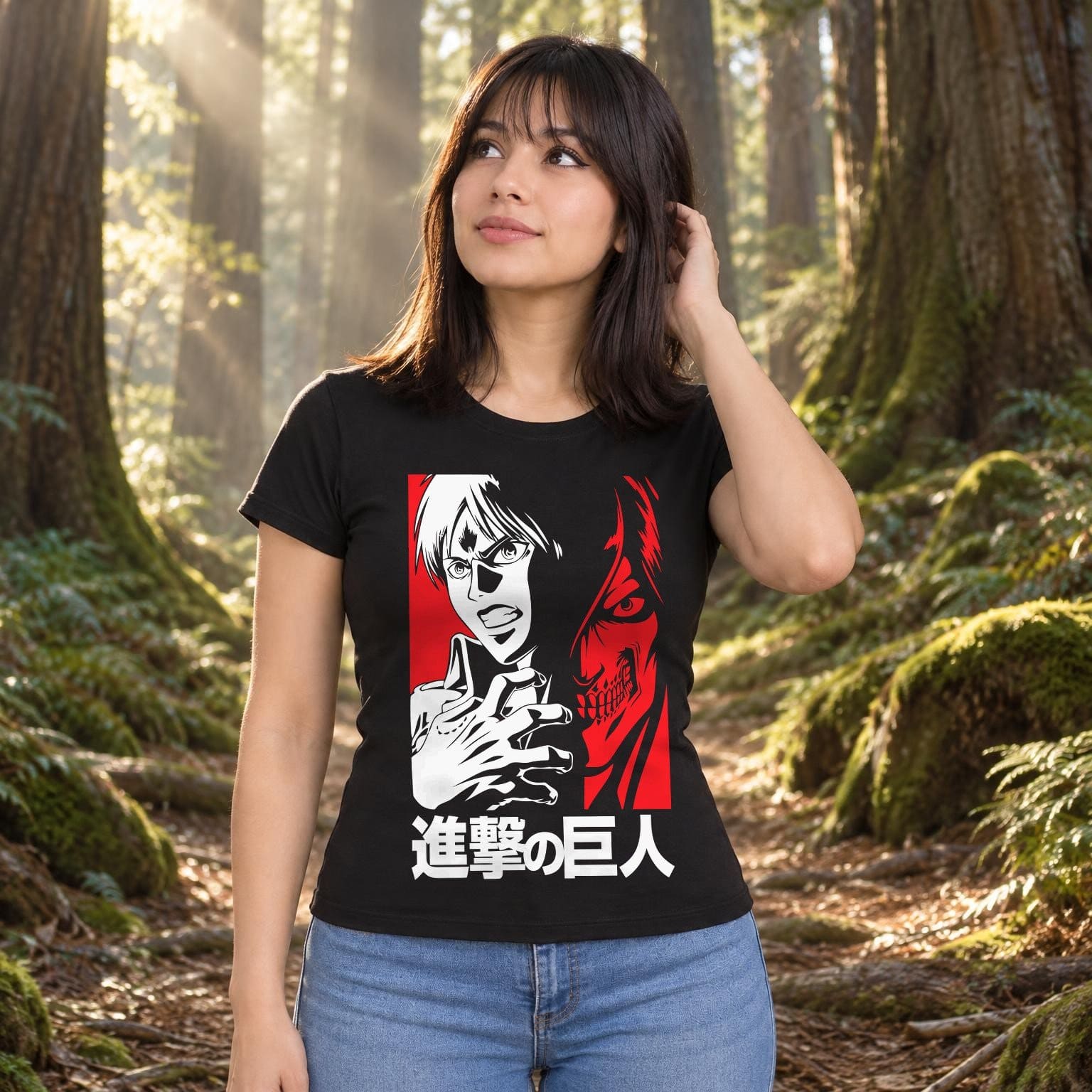 Modelo con playera negra corte dama de 1 en bosque de árboles gigantes modelo 2