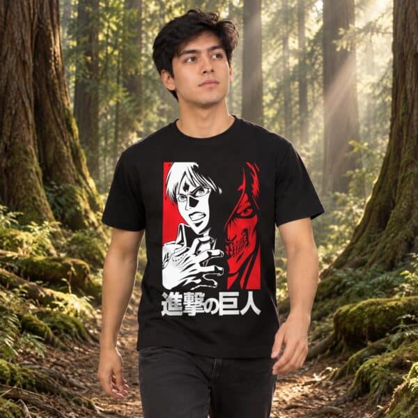Modelo con playera negra de 1 en bosque de árboles gigantes modelo 1