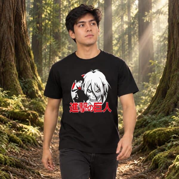 Modelo con playera negra de 14 en bosque de árboles gigantes modelo 1