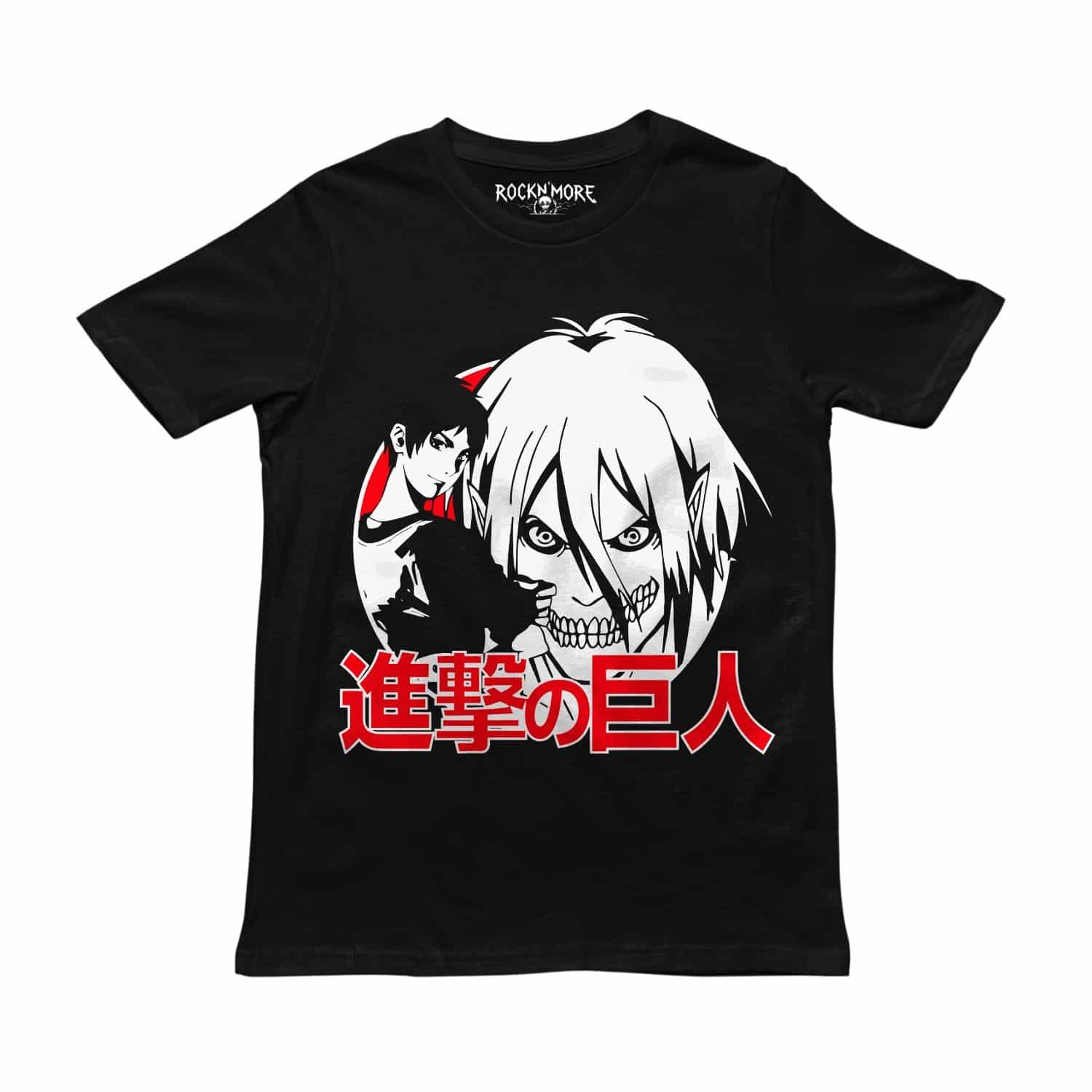 Playera negra con el rostro del Titán de Ataque en blanco y el kanji de Attack on Titan en rojo