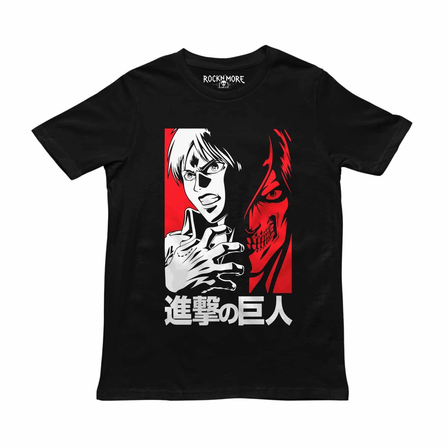Playera negra con diseño de Attack on Titan: Eren en blanco y el rostro del titán en rojo con kanji