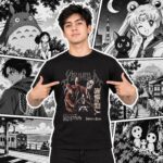 Modelo con playera negra de 15 en manga japonés