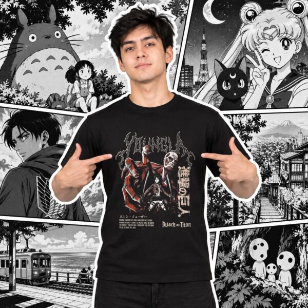Modelo con playera negra de 15 en manga japonés