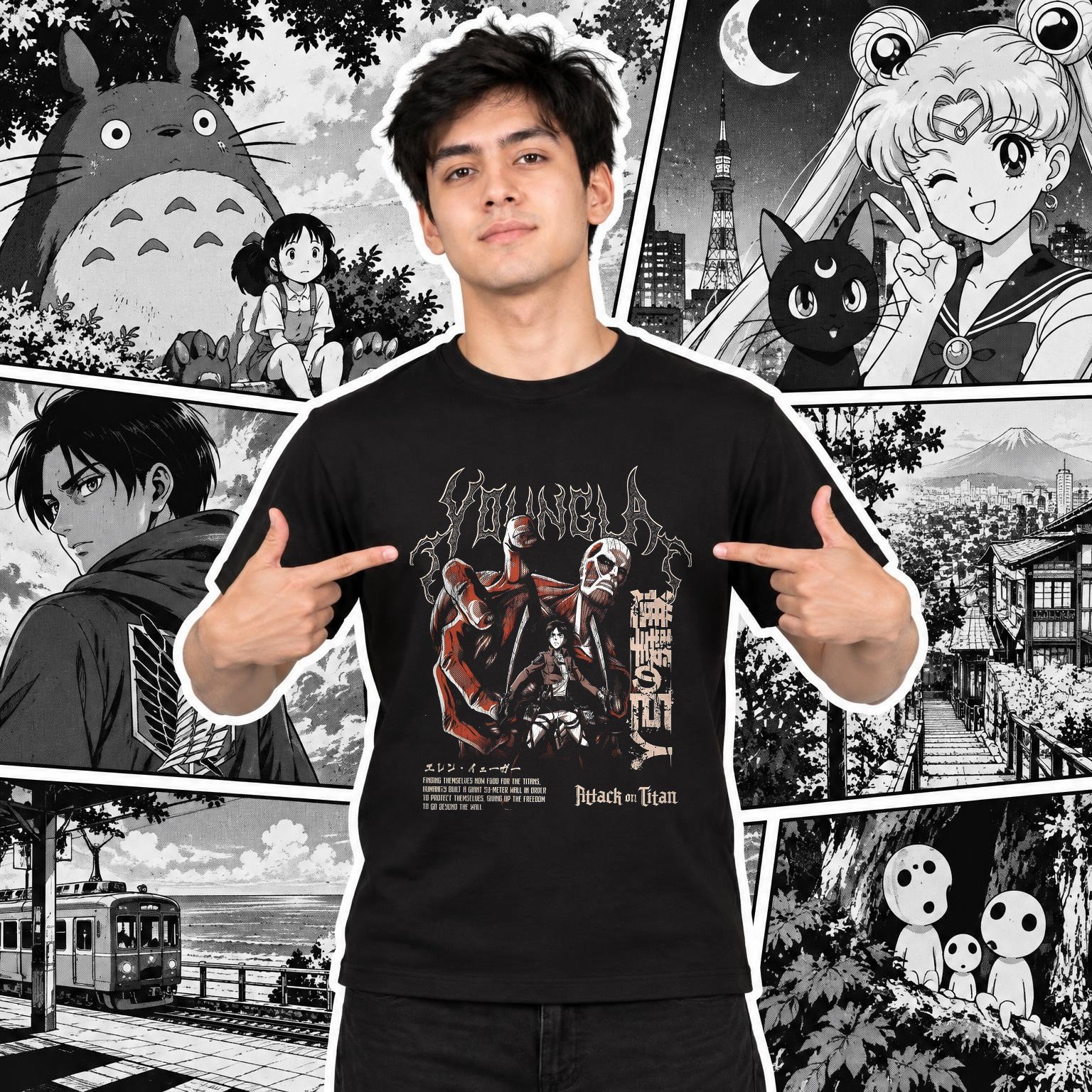 Modelo con playera negra de 15 en manga japonés