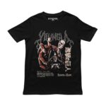 Playera negra con estampado de Attack on Titan, Eren Yeager y el Titán Colosal en rojo y hueso