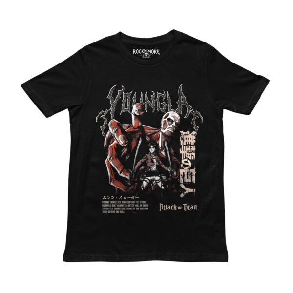 Playera negra con estampado de Attack on Titan, Eren Yeager y el Titán Colosal en rojo y hueso