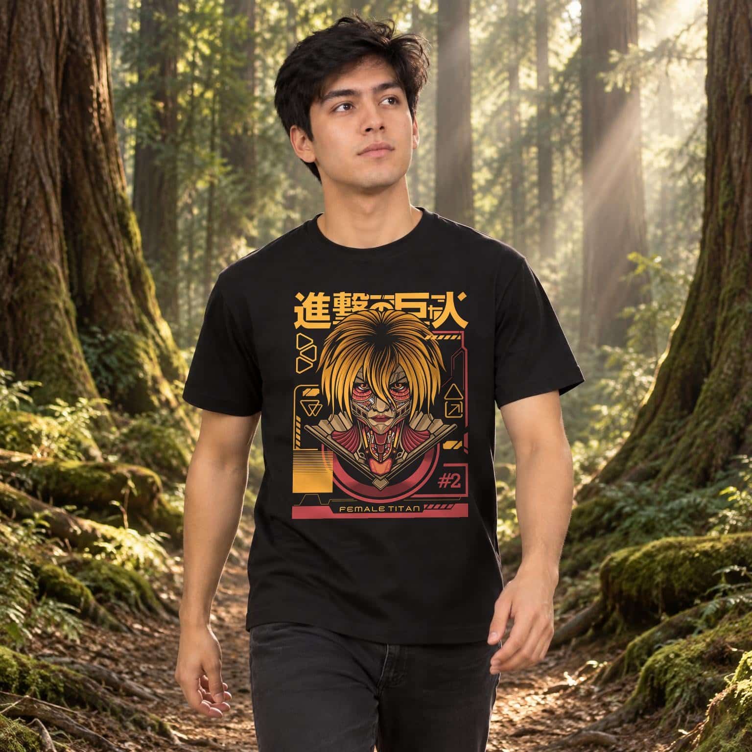 Modelo con playera negra de 17 en bosque de árboles gigantes modelo 1
