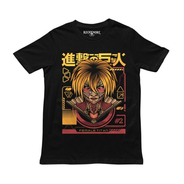 Playera negra con ilustración de la Titán Hembra de Attack on Titan en amarillo y rojo