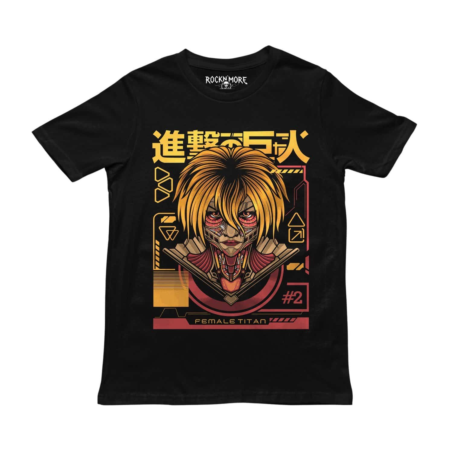 Playera negra con ilustración de la Titán Hembra de Attack on Titan en amarillo y rojo