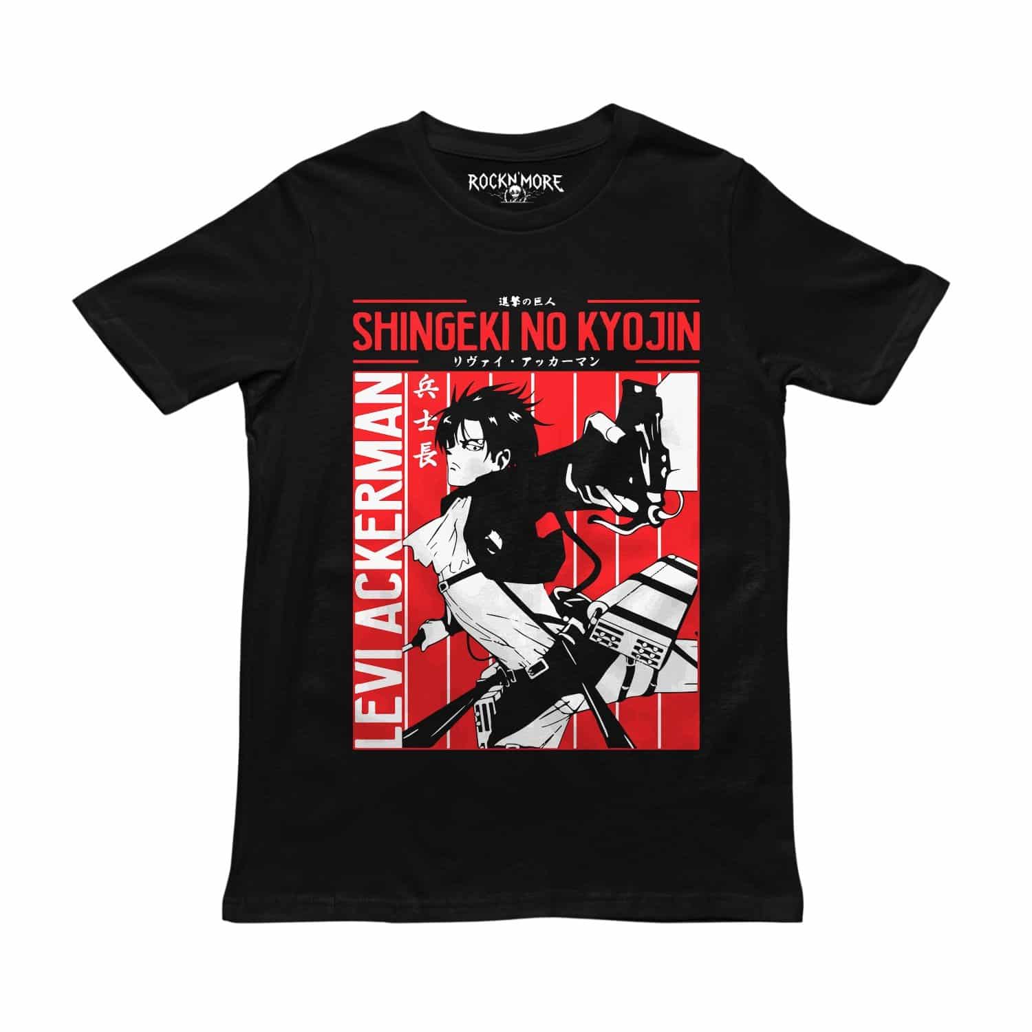 Playera negra de Attack on Titan con Levi Ackerman en acción sobre fondo rojo y letras Shingeki no Kyojin