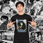 Modelo con playera negra de 8 en manga japonés