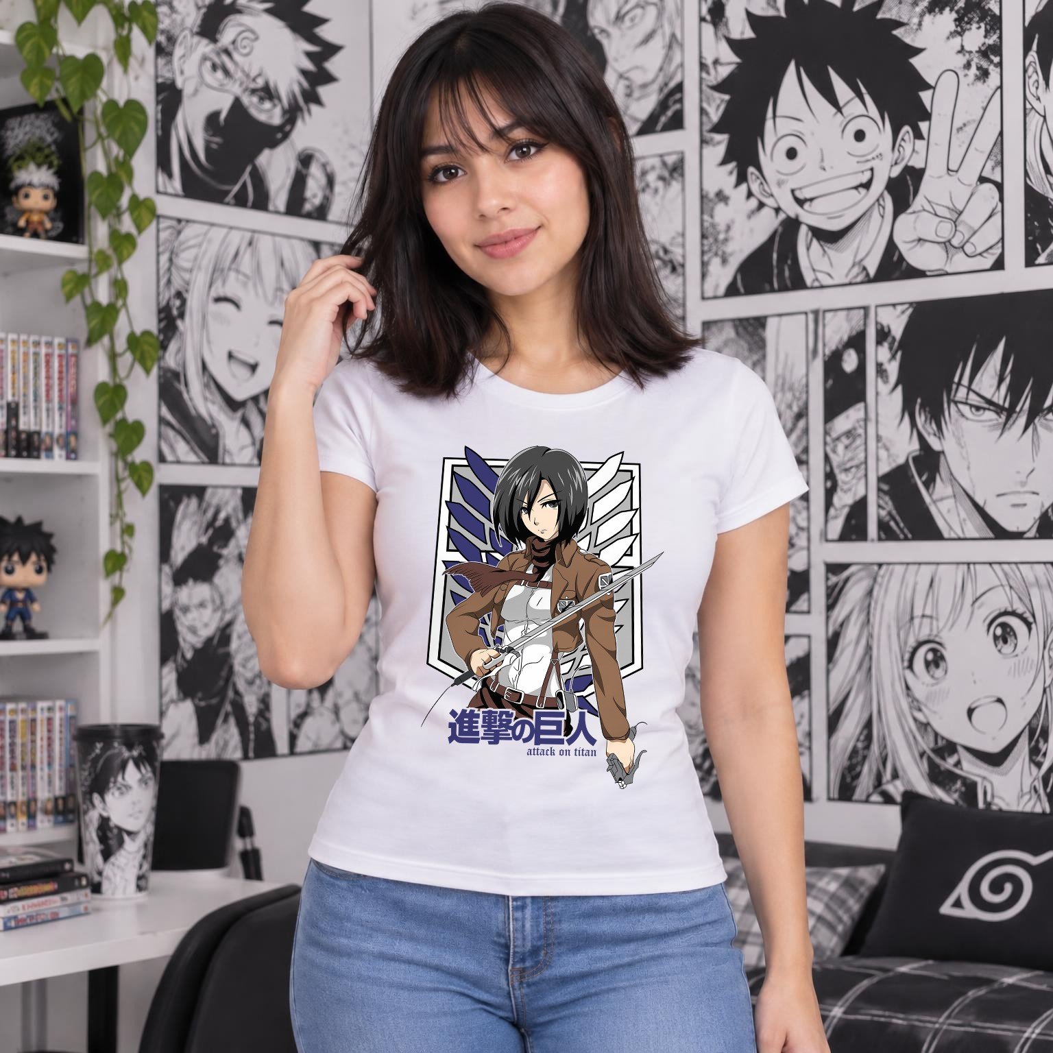Modelo con playera blanca corte dama de 11 en manga japonés