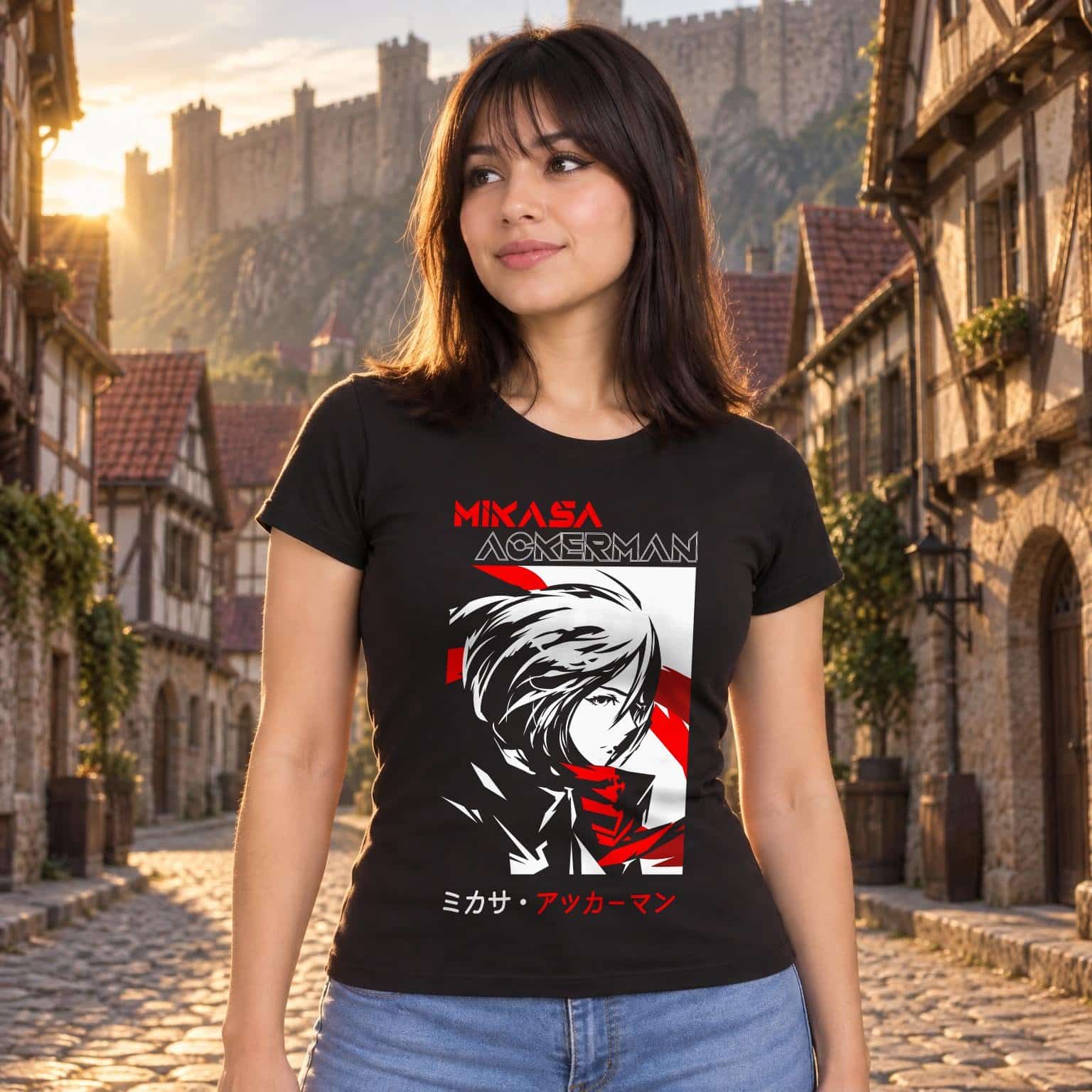 Modelo con playera negra corte dama de Attack on Titan en ciudad amurallada modelo 2