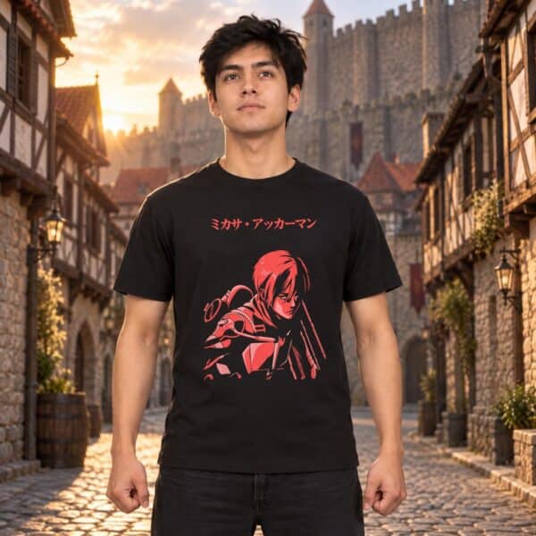 Modelo con playera negra de Attack on Titan en ciudad amurallada modelo 1