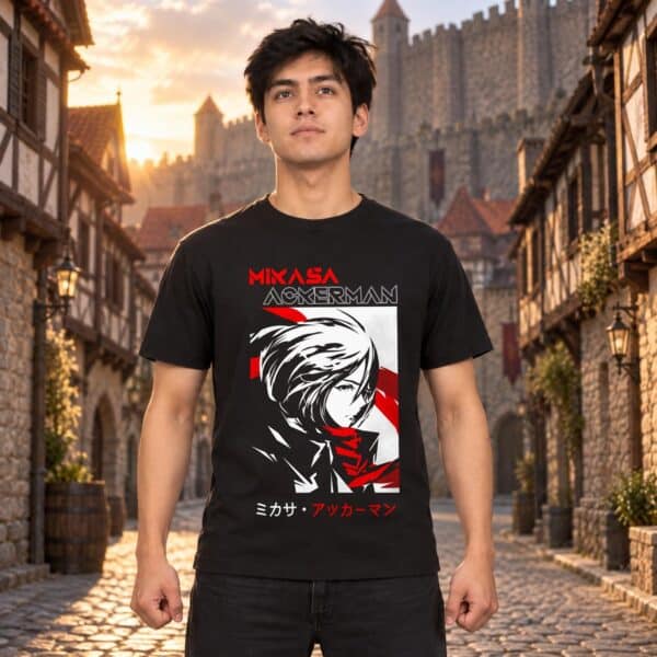Modelo con playera negra de Attack on Titan en ciudad amurallada modelo 1