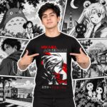 Modelo con playera negra de Attack on Titan en manga japonés