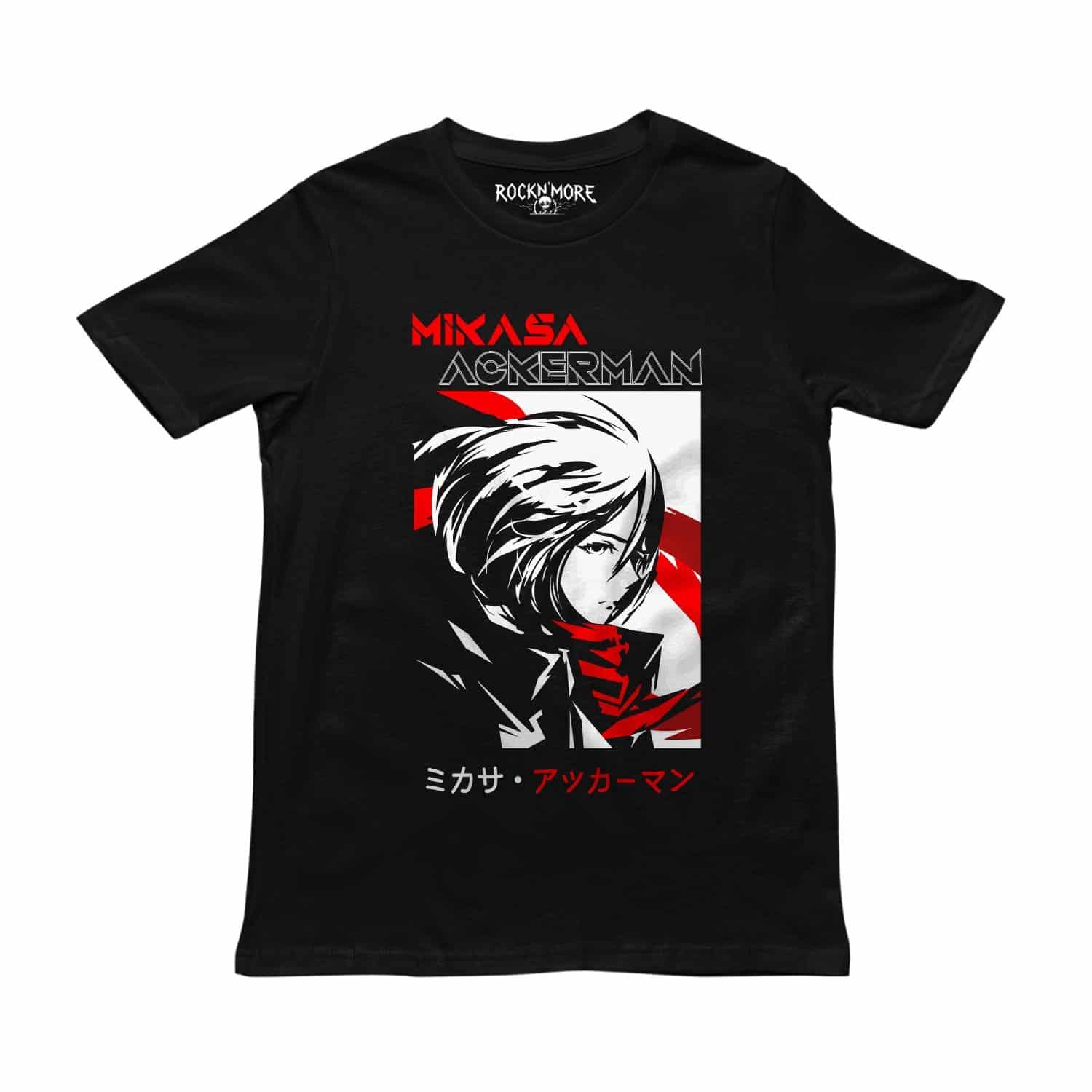 Playera negra con el diseño de Mikasa Ackerman de Attack on Titan en blanco y rojo
