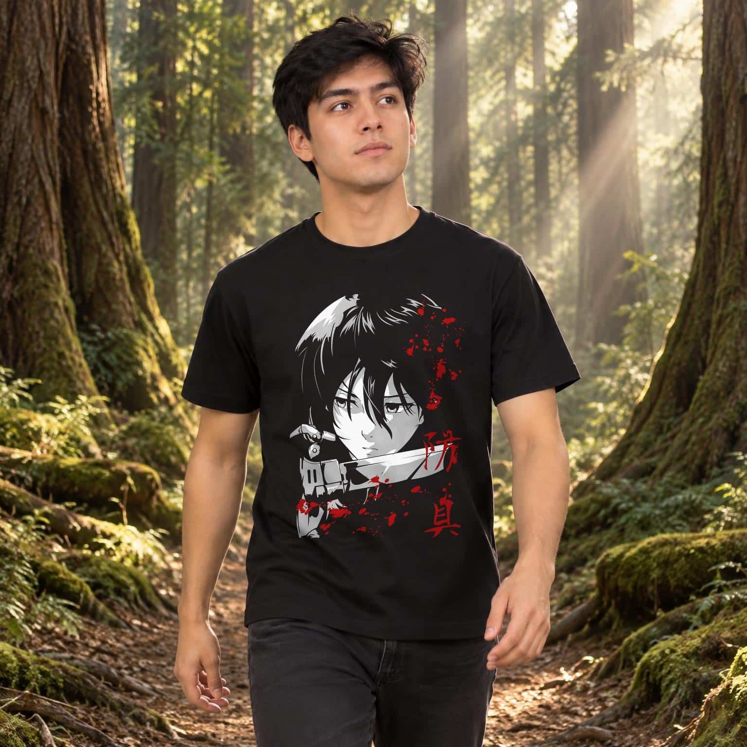 Modelo con playera negra de 4 en bosque de árboles gigantes modelo 1