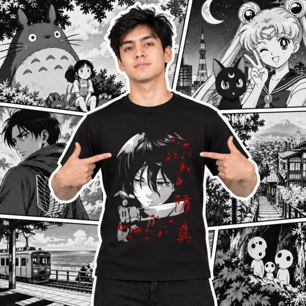 Modelo con playera negra de 4 en manga japonés
