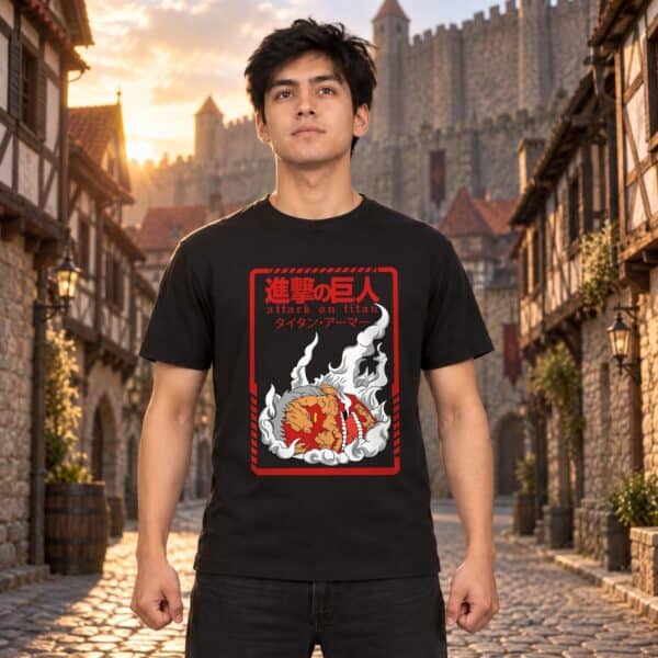 Modelo con playera negra de Attack on Titan en ciudad amurallada modelo 1