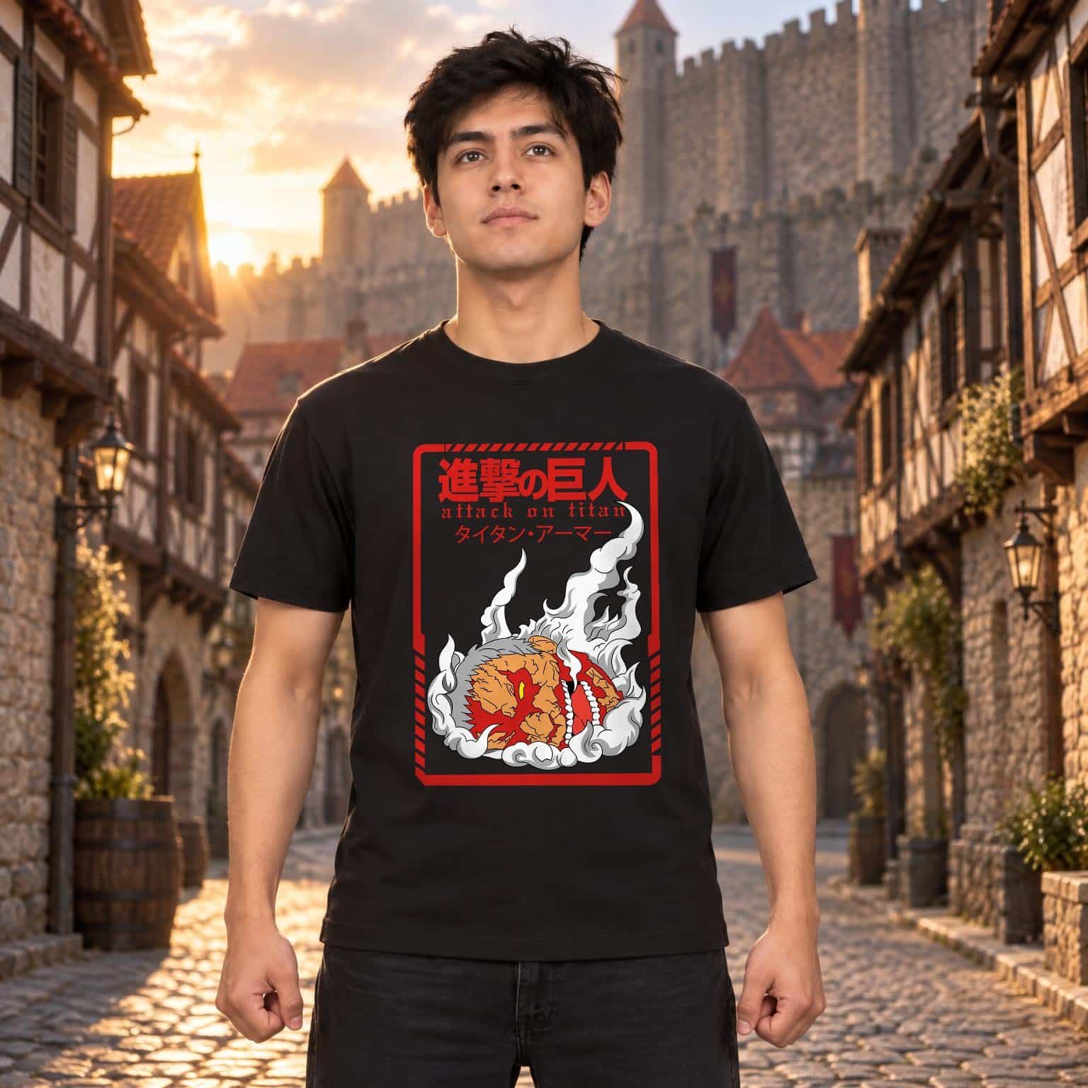 Modelo con playera negra de Attack on Titan en ciudad amurallada modelo 1