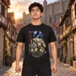 Modelo con playera negra de Attack on Titan en ciudad amurallada modelo 1