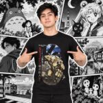 Modelo con playera negra de Attack on Titan en manga japonés