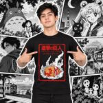 Modelo con playera negra de Attack on Titan en manga japonés