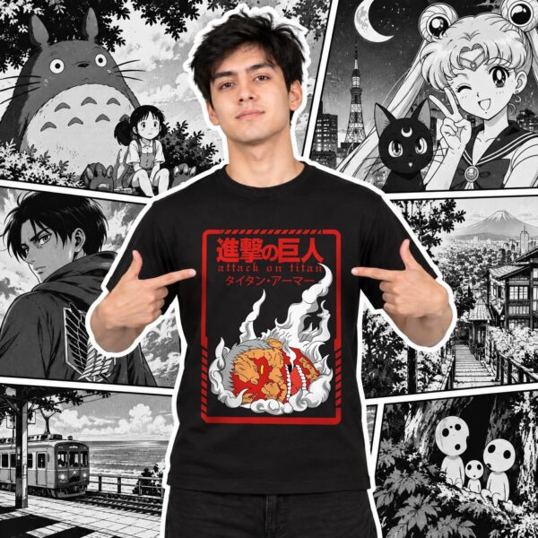 Modelo con playera negra de Attack on Titan en manga japonés
