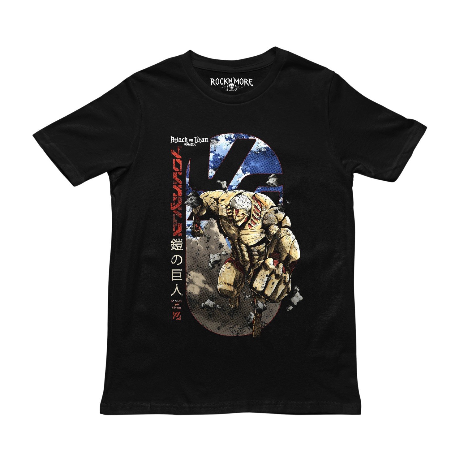 Playera negra con estampado del Titán Acorazado de Attack on Titan en estilo semitono