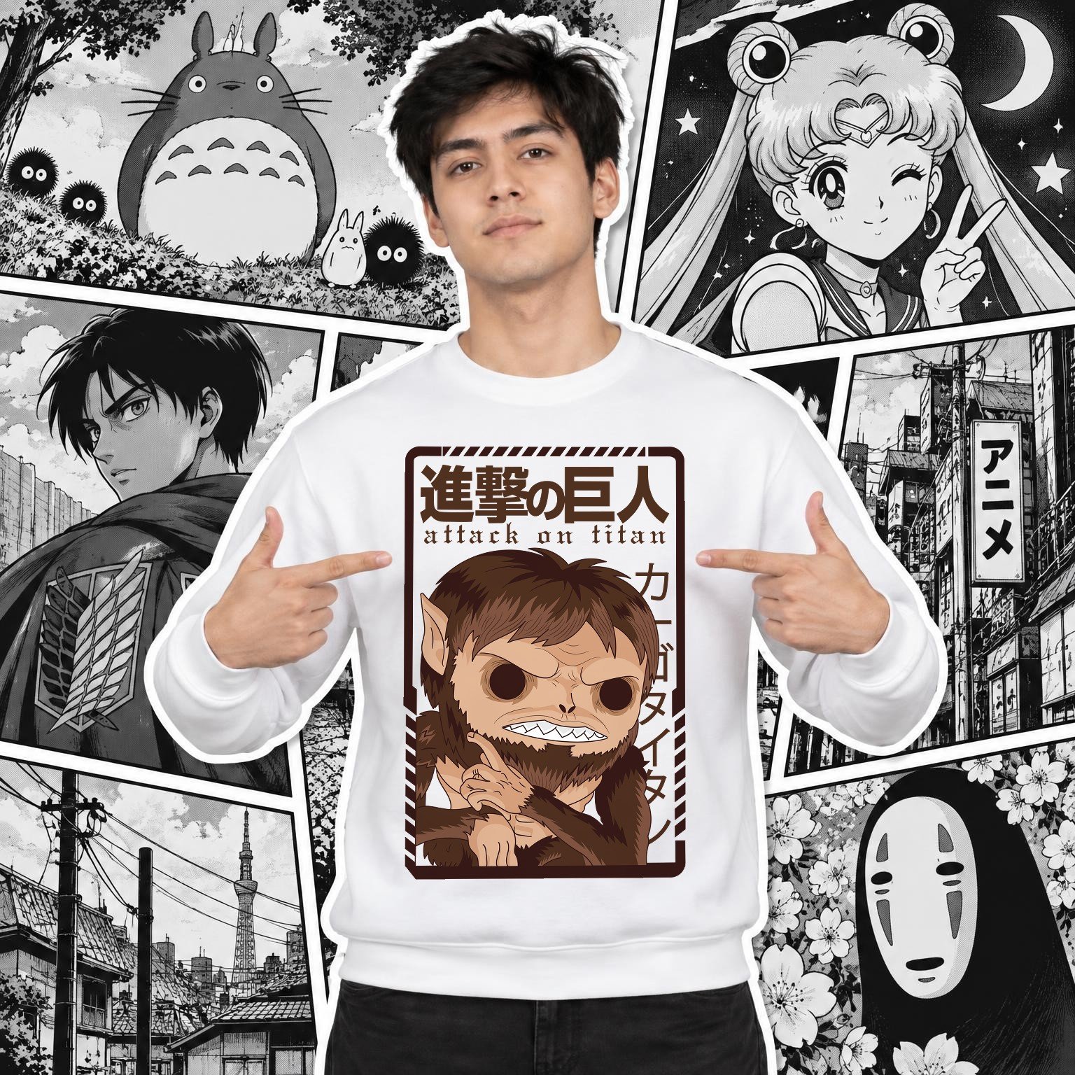 Modelo con sudadera blanca de Attack on Titan en manga japonés