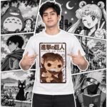 Modelo con playera blanca de Attack on Titan en manga japonés