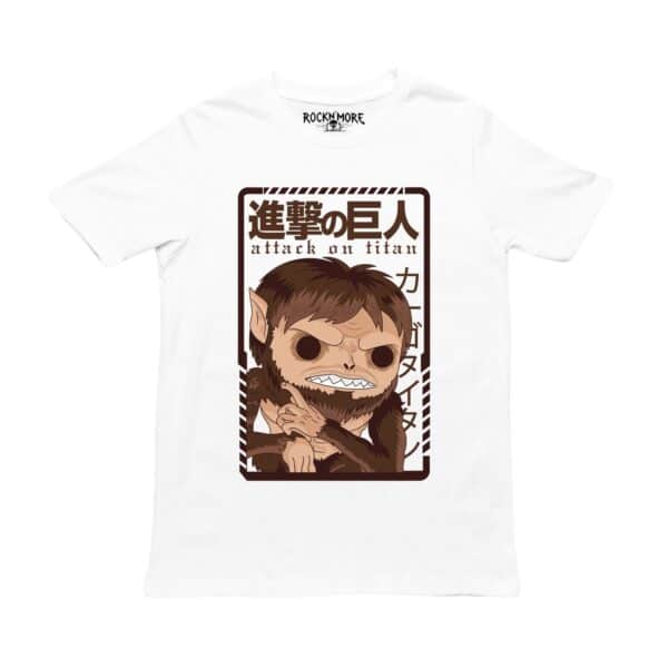 Playera blanca con ilustración café del Titán Bestia de Attack on Titan en marco tipo póster
