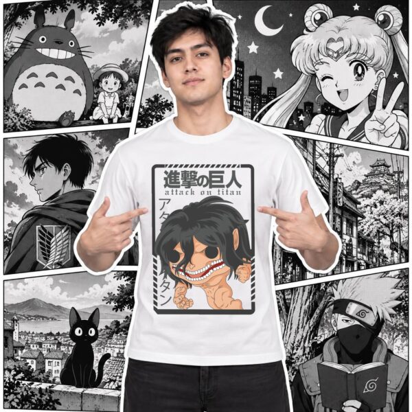 Modelo con playera blanca de Attack on Titan en manga japonés