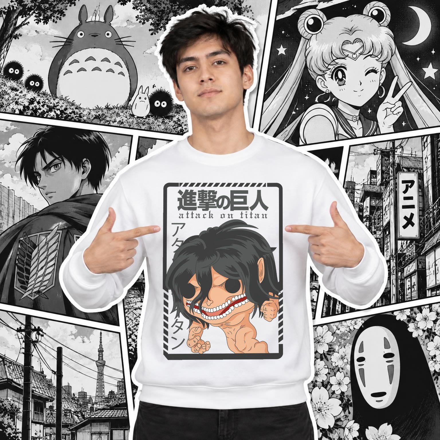 Modelo con sudadera blanca de Attack on Titan en manga japonés