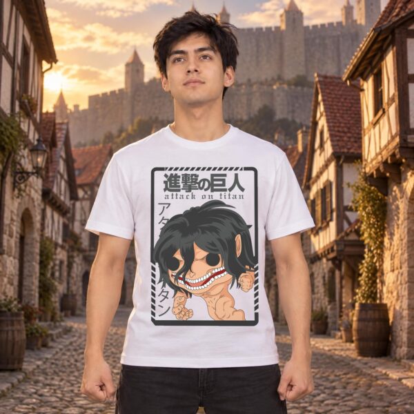 Modelo con playera blanca de Attack on Titan en ciudad amurallada modelo 1
