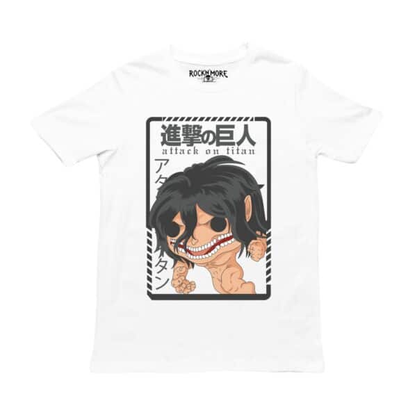 Playera blanca con estampado de Attack on Titan: Titán de Ataque chibi y kanji japonés