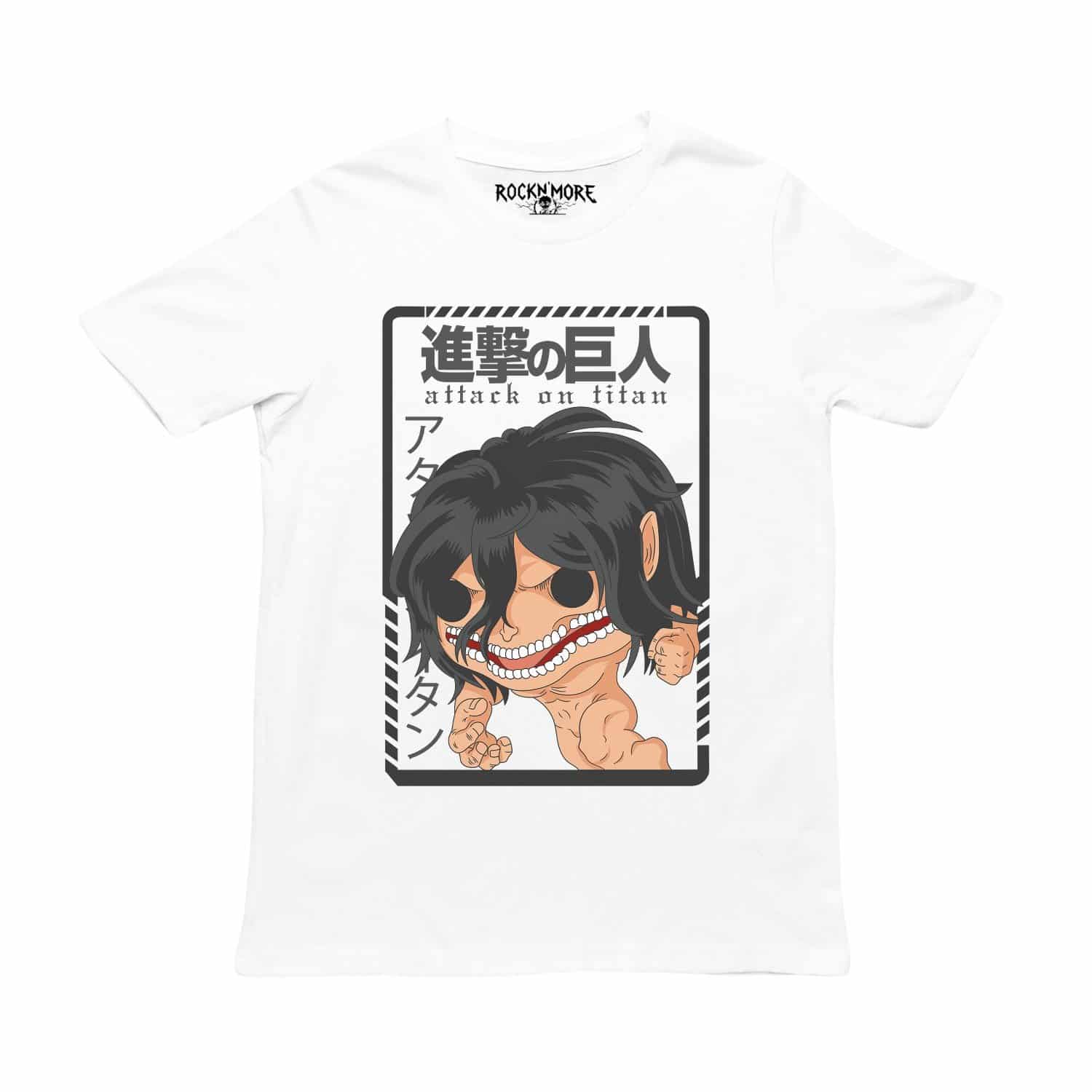 Playera blanca con estampado de Attack on Titan: Titán de Ataque chibi y kanji japonés