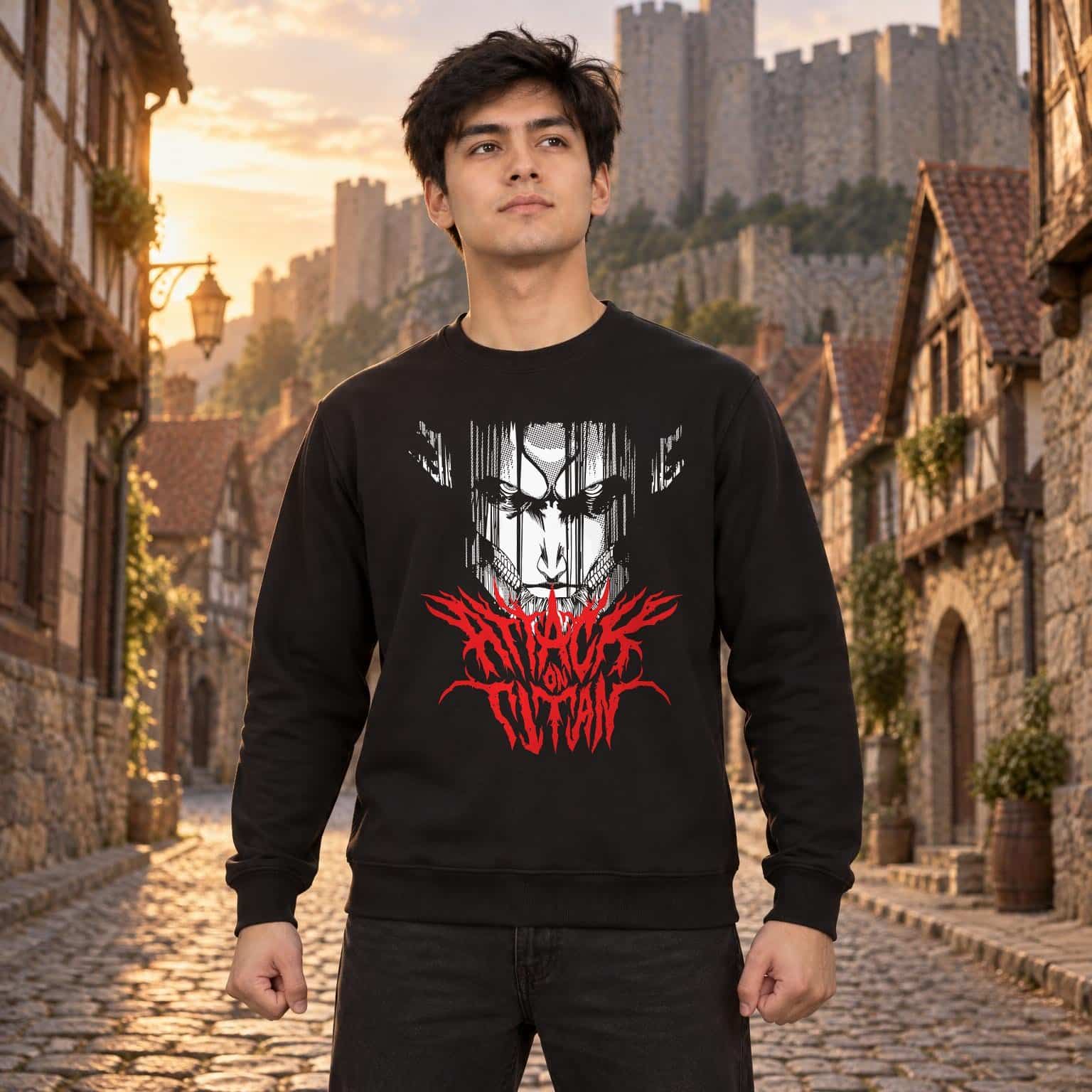 Modelo con sudadera negra de 13 en ciudad amurallada modelo 1