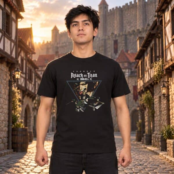 Modelo con playera negra de Attack on Titan en ciudad amurallada modelo 1