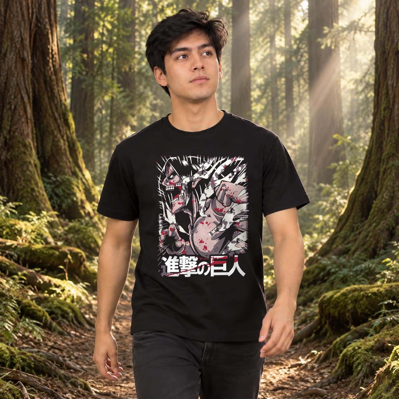 Modelo con playera negra de 2 en bosque de árboles gigantes modelo 1