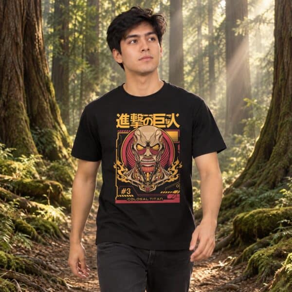 Modelo con playera negra de 7 en bosque de árboles gigantes modelo 1