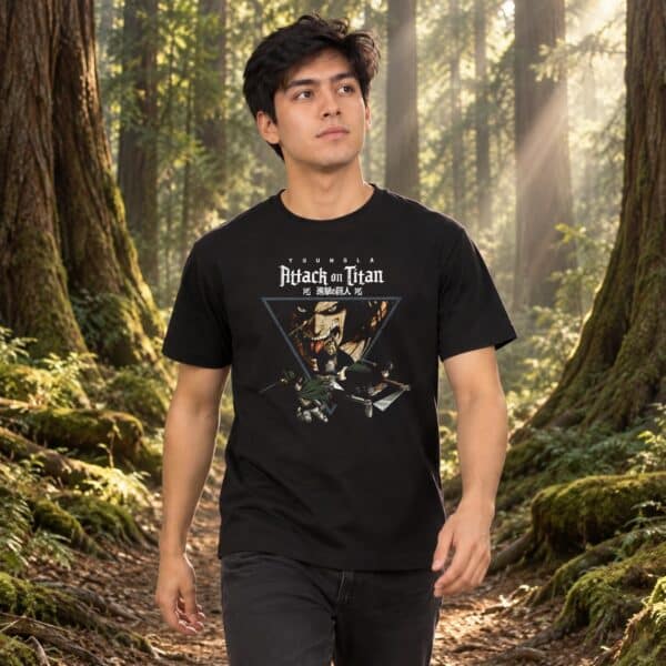 Modelo con playera negra de Attack on Titan en bosque de árboles gigantes modelo 1