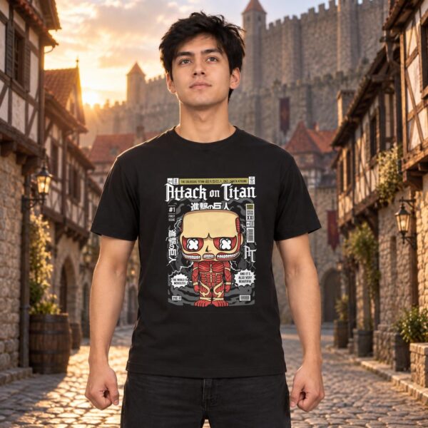 Modelo con playera negra de Attack on Titan en ciudad amurallada modelo 1