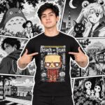 Modelo con playera negra de Attack on Titan en manga japonés