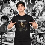 Modelo con playera negra de Attack on Titan en manga japonés