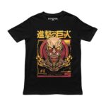 Playera negra con el Titán Colosal de Attack on Titan en rojo y amarillo estilo cartel japonés